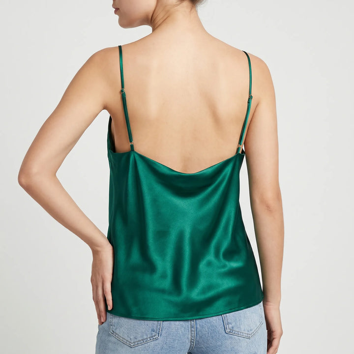 Sleeveless women's camisole top featuring a sophisticated draped cowl neck. Versatile for casual or elegant outfits.