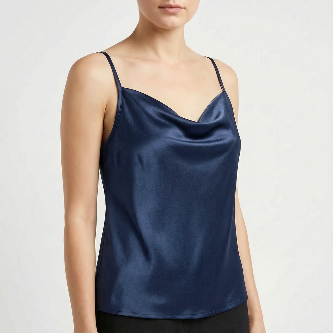 Elegant women's camisole, draped cowl neck top, versatile sleeveless design ideal as a stylish layering piece.