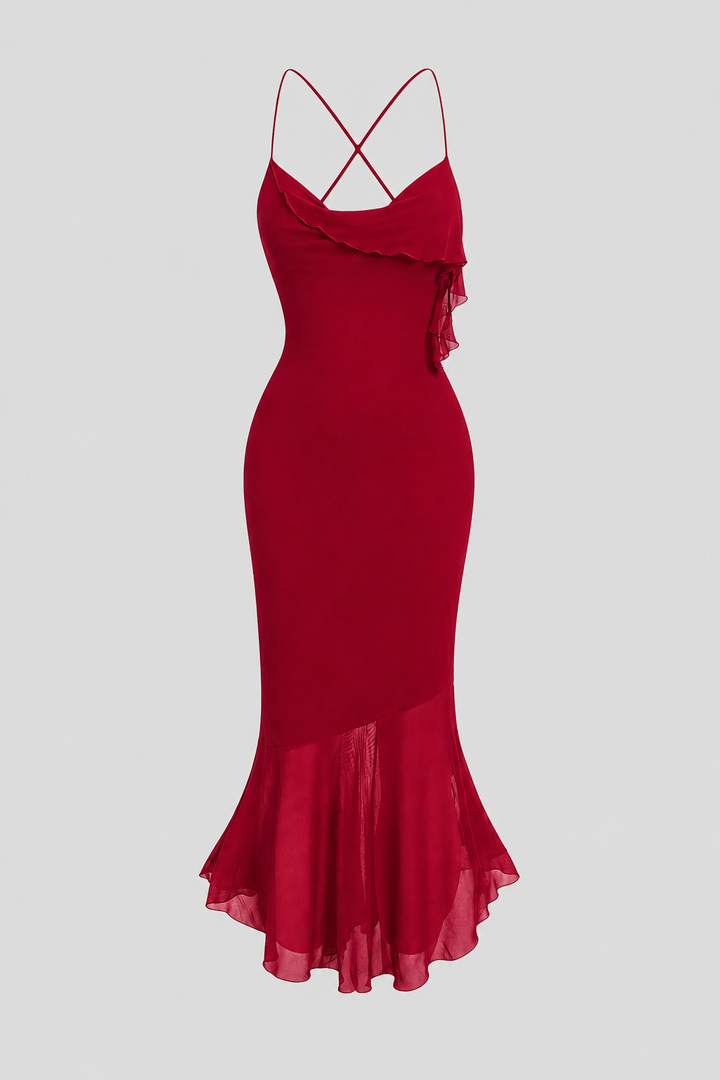 Women's elegant draped midi dress with an asymmetric hem. Perfect for cocktails or special occasions.