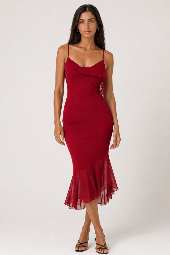 Sleeveless draped midi dress for women. Stylish party dress with an elegant, versatile design.