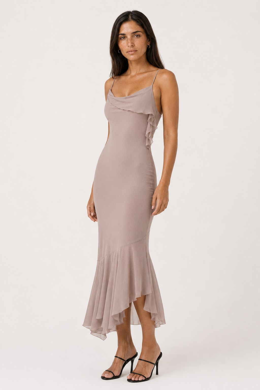 Modern women's midi dress with elegant draping and an asymmetric cut. Versatile for any special event.