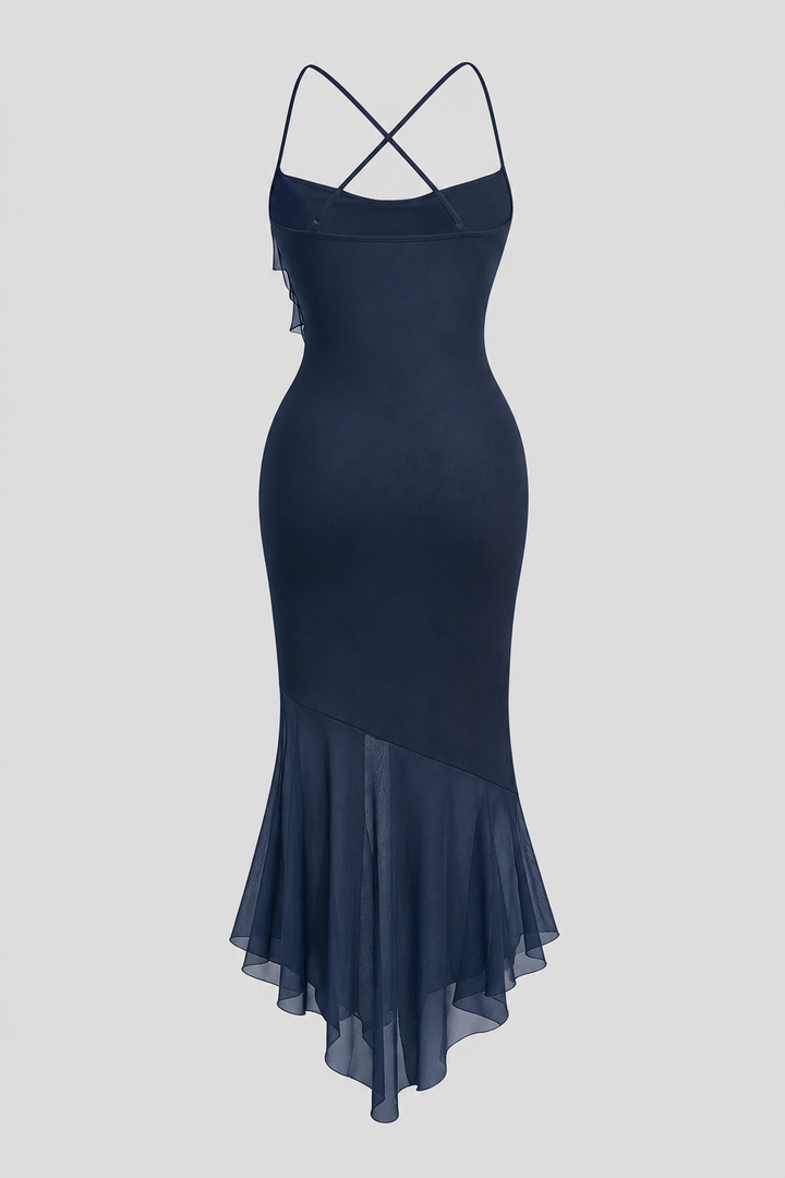 Women's fashion midi dress. Unique asymmetric hem and elegant draping make it a standout cocktail dress.