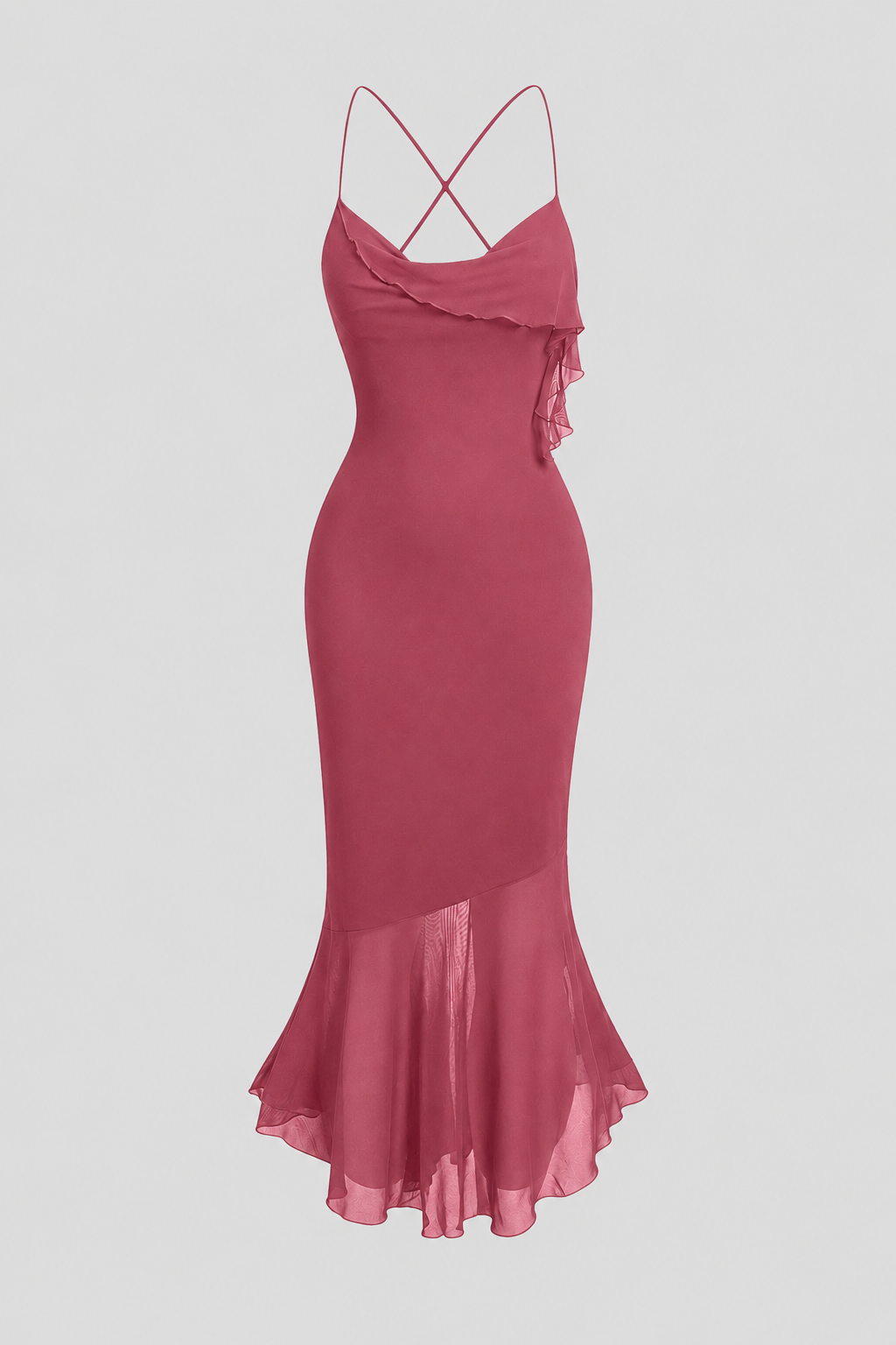 Versatile sleeveless midi dress with elegant draping and asymmetric hem. A chic choice for any party.