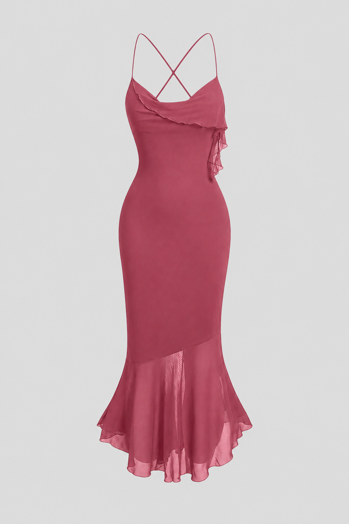 Versatile sleeveless midi dress with elegant draping and asymmetric hem. A chic choice for any party.
