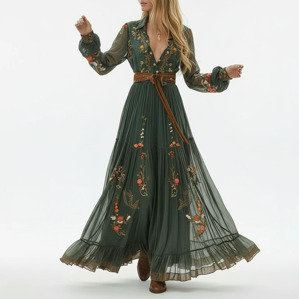 Women's elegant embroidered long sleeve boho maxi dress, perfect for summer, spring, or vacation.
