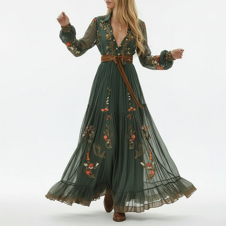 Women's elegant embroidered long sleeve boho maxi dress, perfect for summer, spring, or vacation.