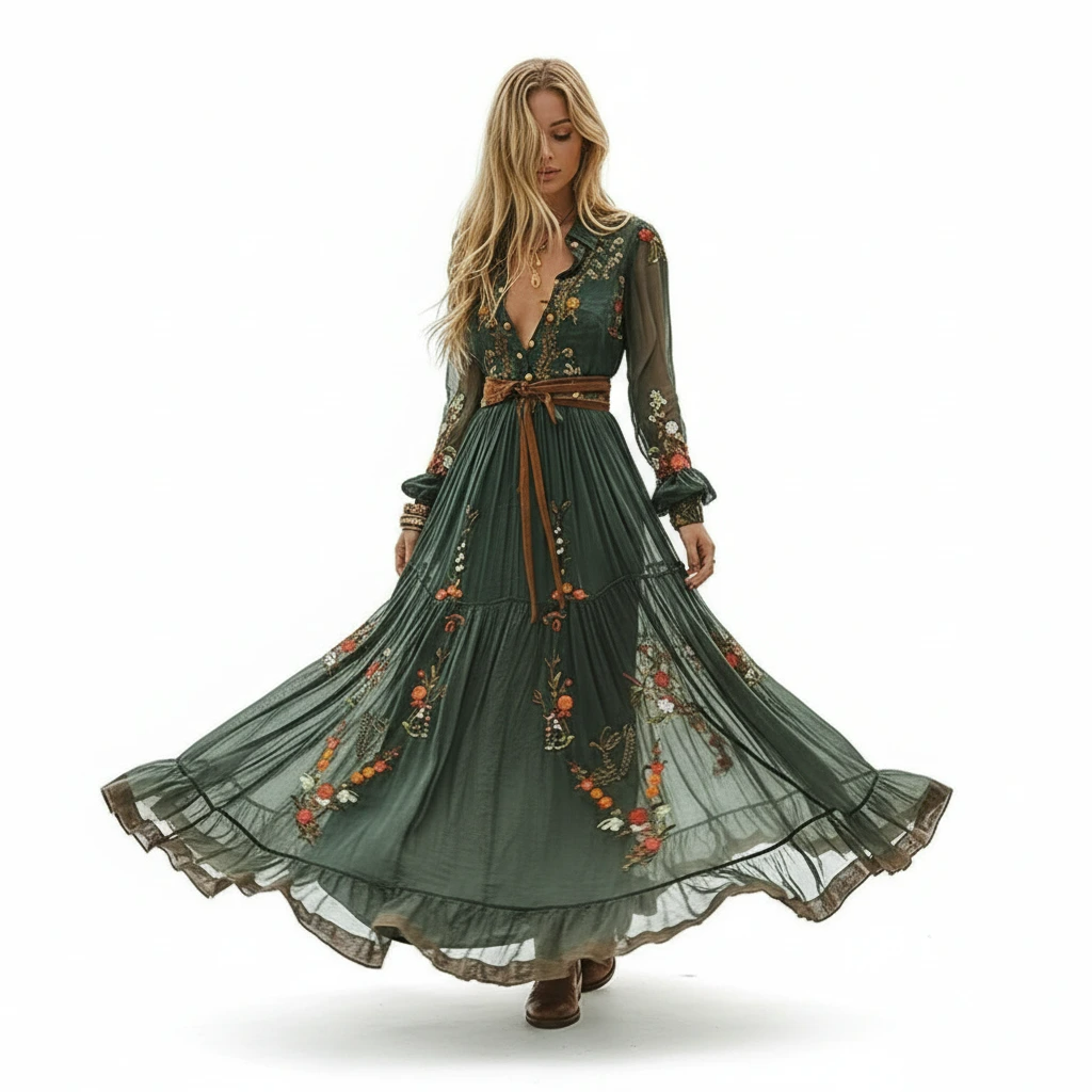 Green long sleeve boho maxi dress with intricate embroidery. Flowy, elegant, ideal for spring & summer.