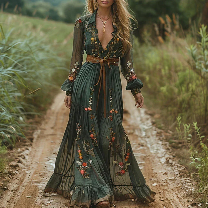 Dark brown embroidered long sleeve maxi dress. Bohemian style, elegant occasion wear for women.