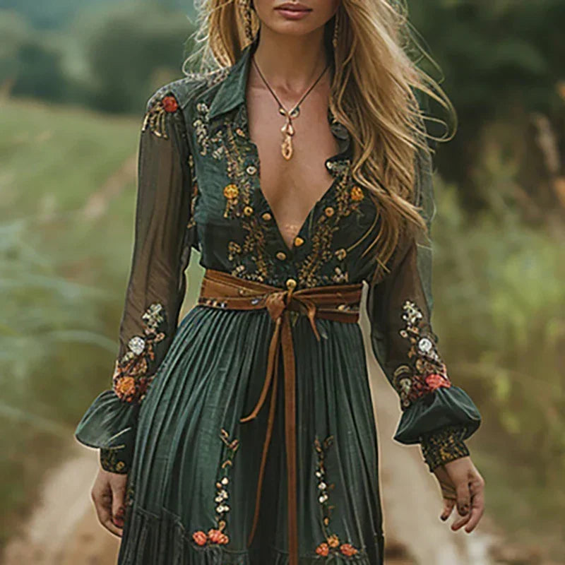 Flowy women's embroidered long sleeve boho maxi dress. Comfortable and stylish for vacation or summer.