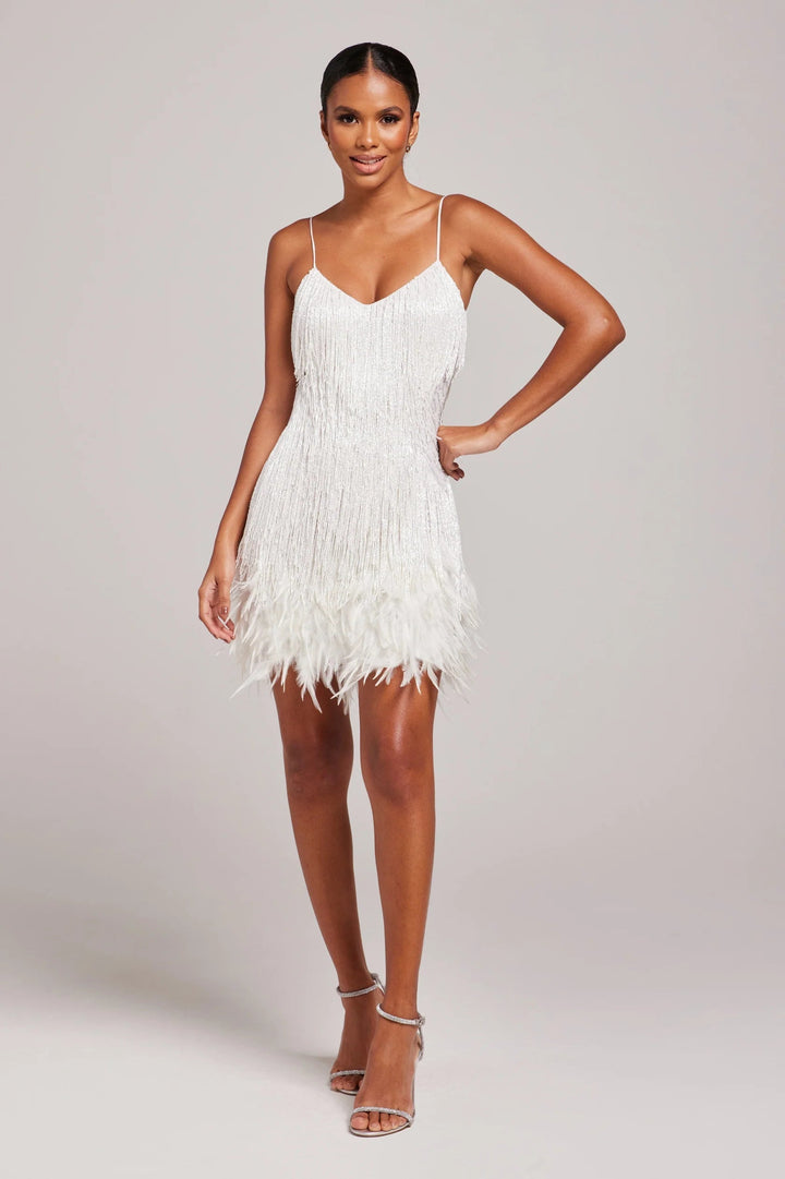 Women's elegant feather fringe cocktail dress, perfect for special occasions & parties.