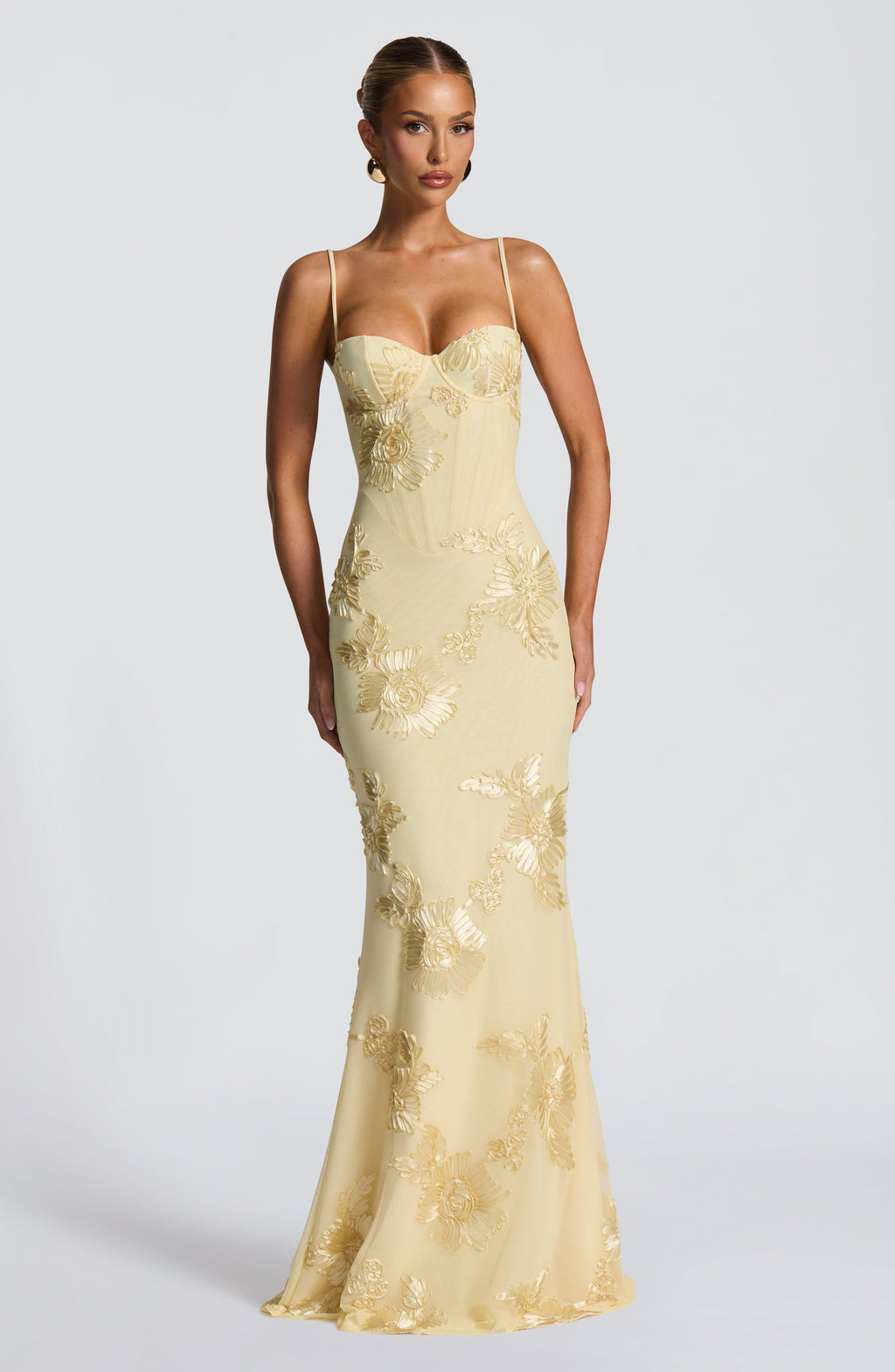 Women's elegant floral appliqué corset mermaid maxi dress. Perfect formal evening gown for special occasions.