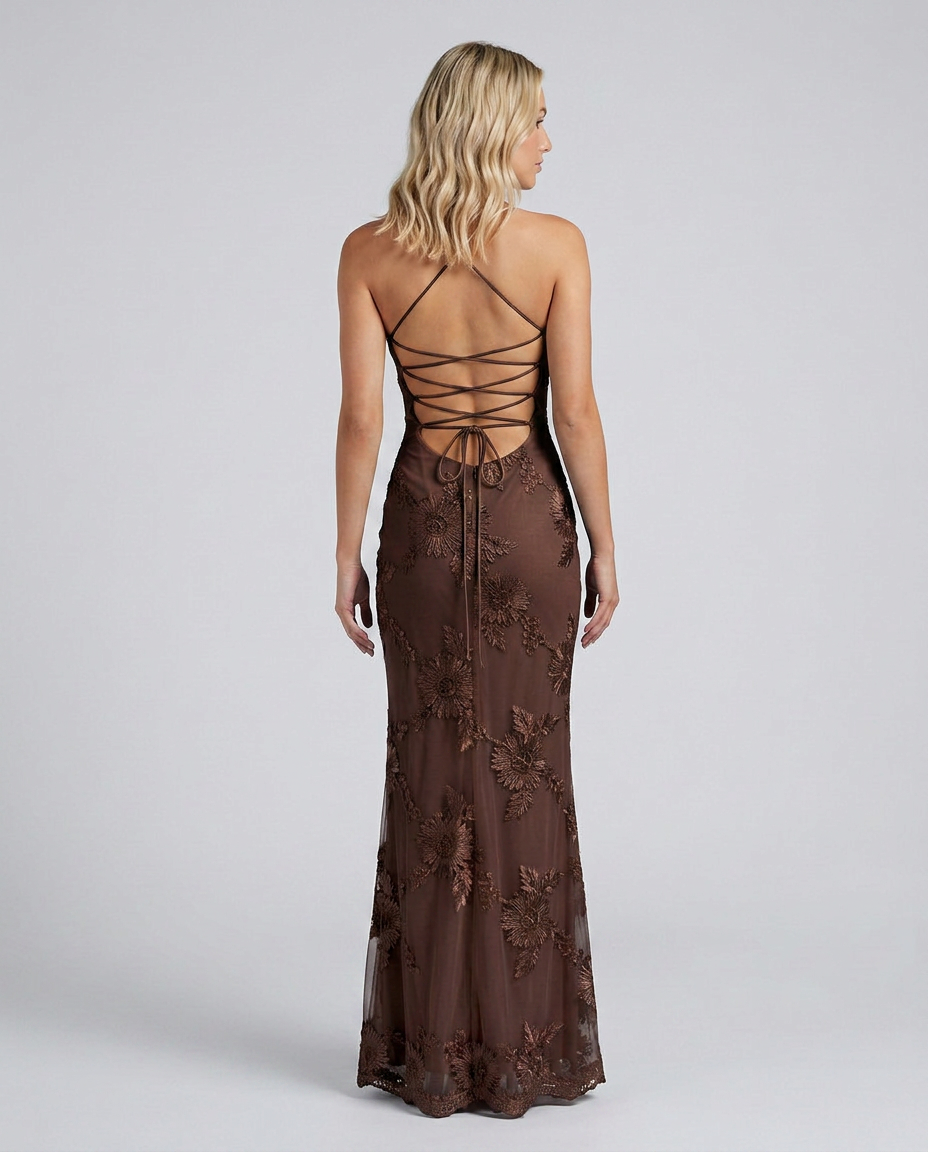 Women's formal wear floral maxi dress, an elegant evening gown with a distinctive lace-up back.