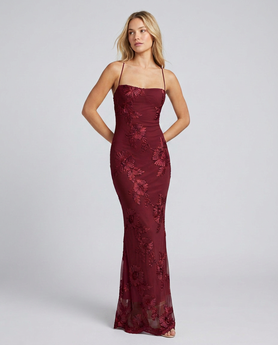 Delicate floral appliqué maxi dress with a chic lace-up back, ideal for women's special events.