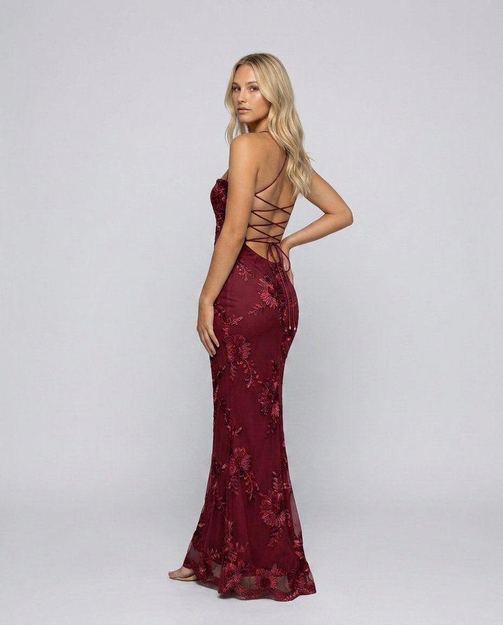 Gorgeous floral appliqué wedding guest dress, a women's maxi with an elegant lace-up back.