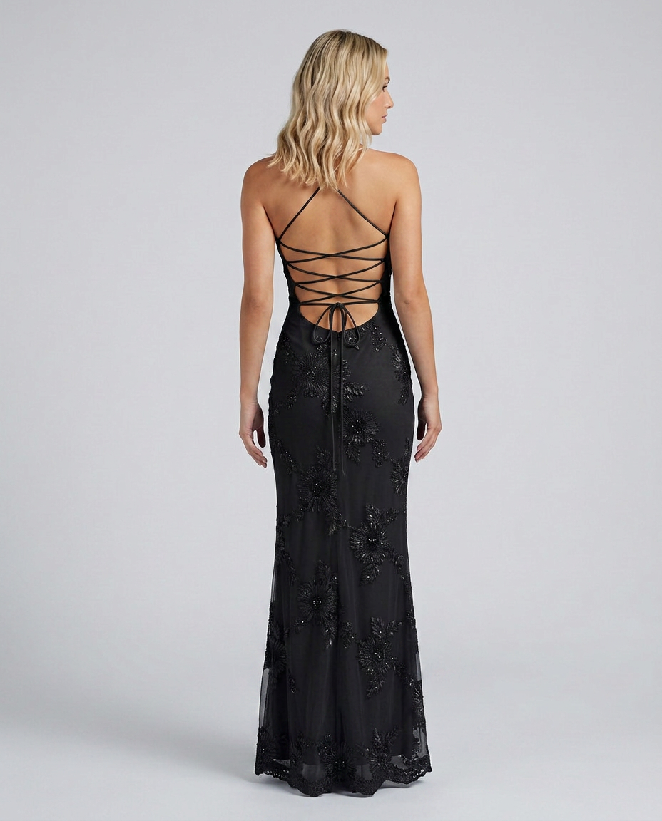 Graceful floral maxi dress for women, featuring detailed appliqué and a charming lace-up back.