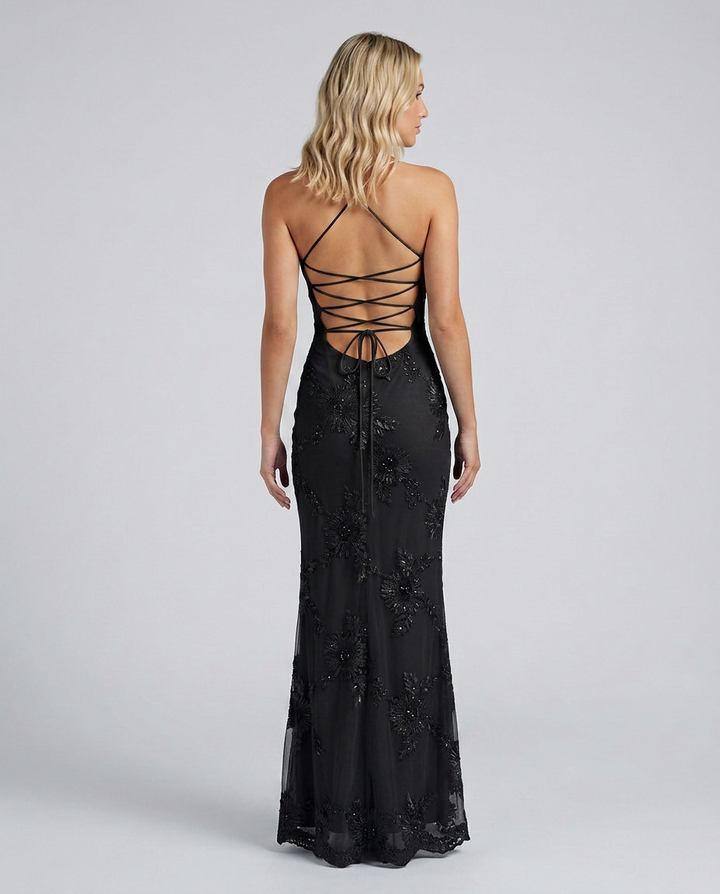 Graceful floral maxi dress for women, featuring detailed appliqué and a charming lace-up back.