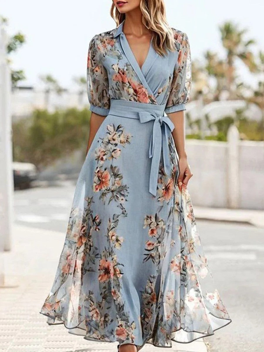 Women's elegant floral belted wrap maxi dress, perfect for wedding guests, garden parties, or summer occasions.