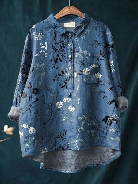 Women's comfort blouse: an elegant floral long sleeve top with a beautiful, vibrant flower print.