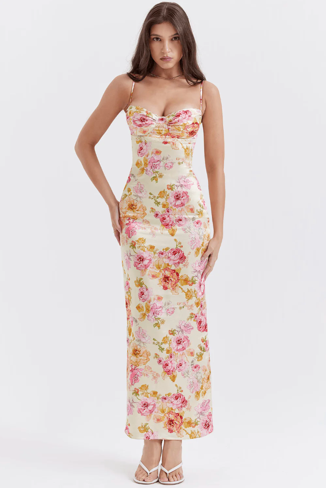 Women's elegant floral corset slip maxi dress, perfect for wedding guests & summer parties.