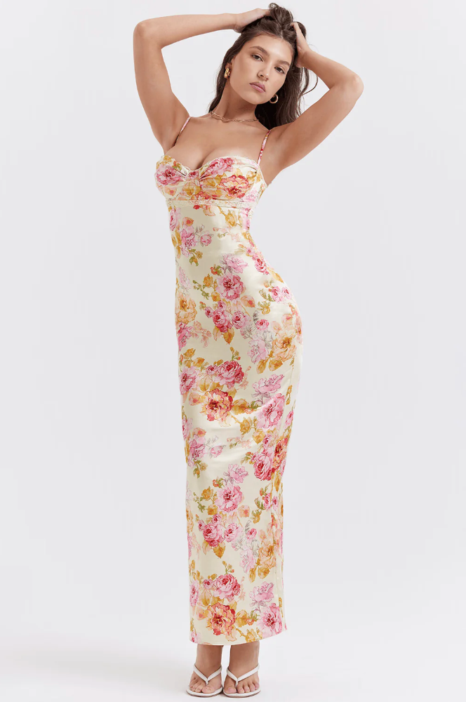Chic floral corset maxi party dress; an elegant slip style for wedding guests, evenings & summer events.