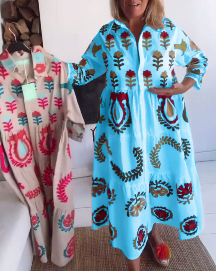 Vacation-ready women's floral graphic midi dress, flowy A-line for effortless style and elegance.