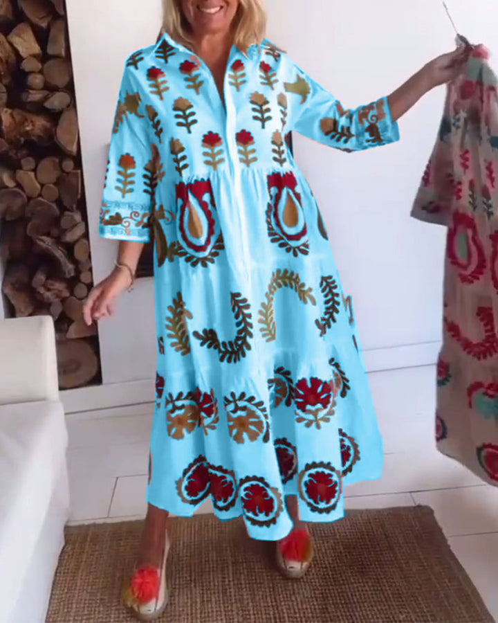 Everyday fashion: Women's floral graphic midi dress, comfortable A-line with a stylish lapel collar.