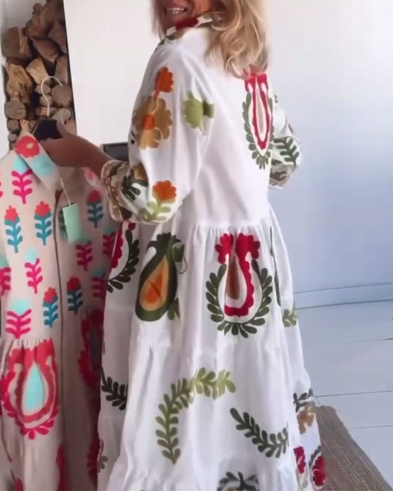 Effortless women's floral midi dress, comfortable A-line graphic print, flowy for casual summer wear.
