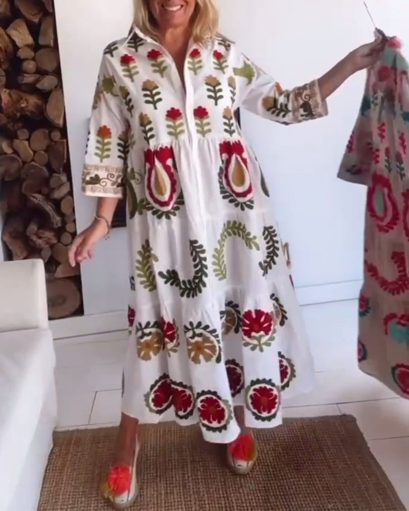 Elegant women's floral graphic midi dress, perfect vacation wear with lapel collar & casual vibe.