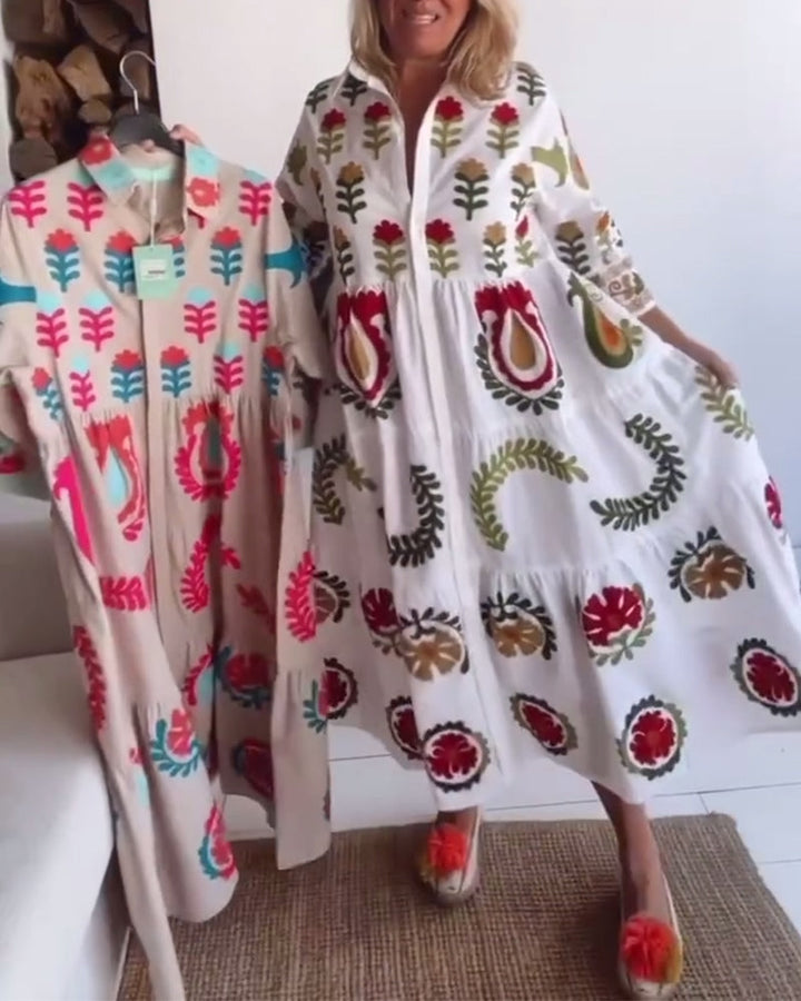 Summer style women's floral midi dress, comfortable graphic print A-line design for everyday fashion.