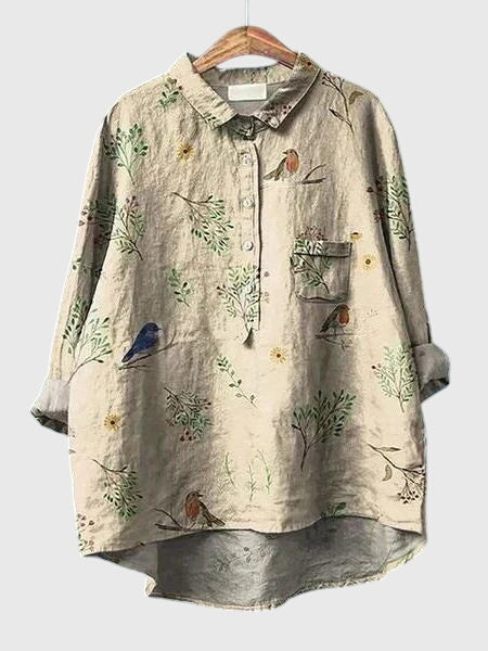 Women's spring fashion floral print blouse, a stylish collared long sleeve top.