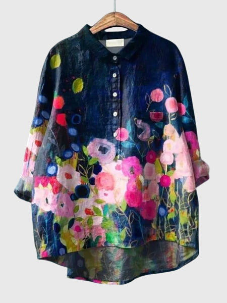 Everyday elegant women's floral print top, a comfortable button-down long sleeve blouse.
