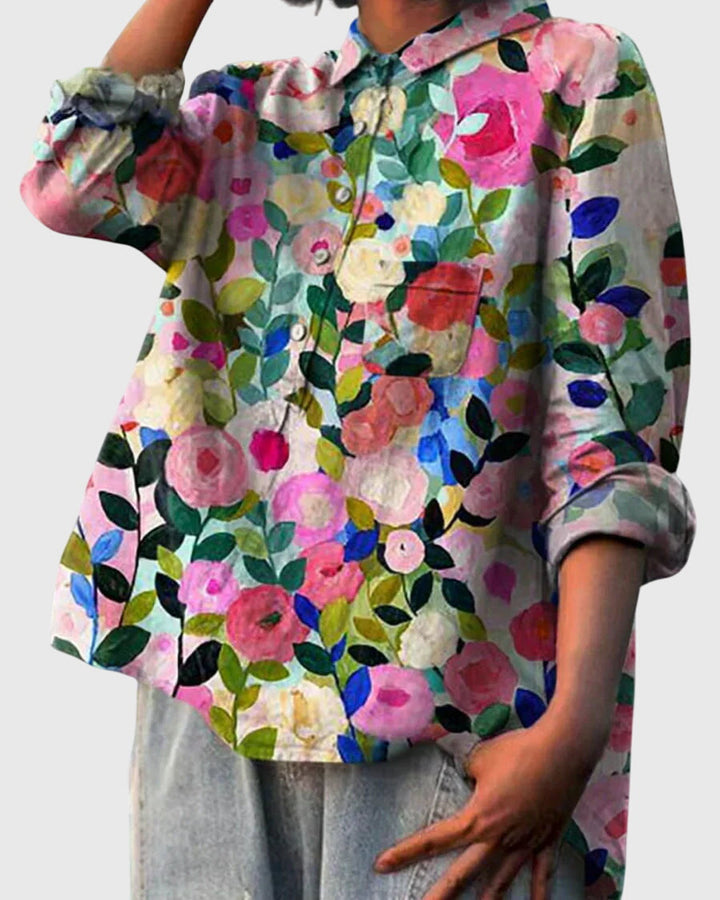 Versatile women's floral print collared blouse, perfect for office or casual spring wear.