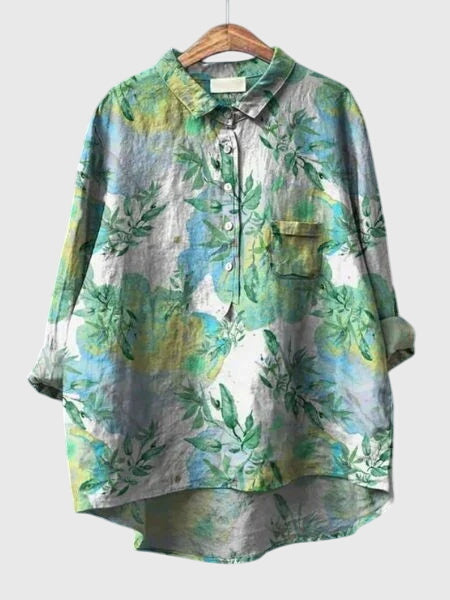 Women's comfortable floral print collared shirt, an elegant long sleeve blouse for spring.