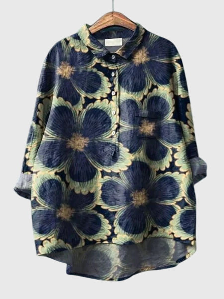 Stylish women's flowy floral print top, a comfortable collared button-down shirt.