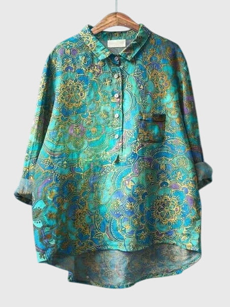 Elegant floral print women's blouse, a collared button-down top for office or casual.