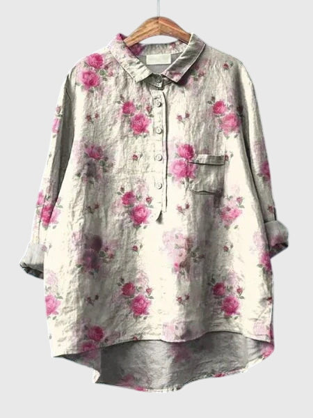 Flowy floral print women's top, a comfortable long sleeve blouse for spring fashion.