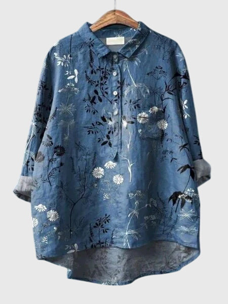 Stylish collared floral print blouse for women, a button-down top for casual elegance.