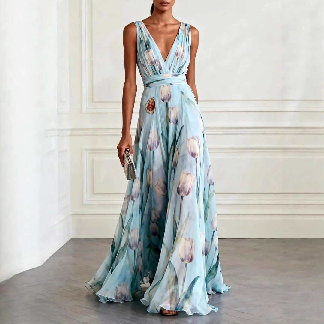 Women's elegant floral print V-neck maxi wrap dress. Perfect for summer parties or wedding guests.