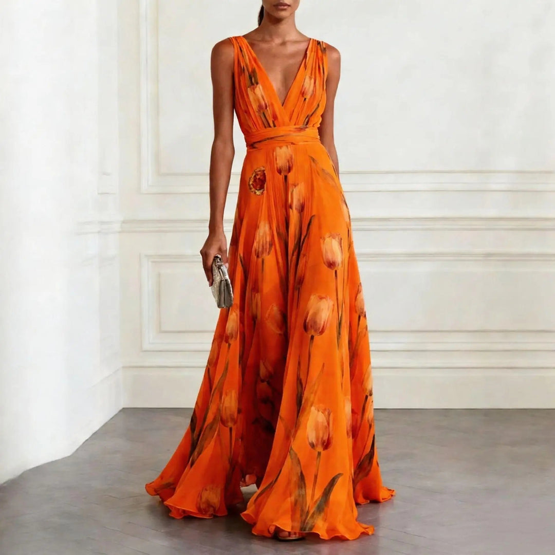 Stylish women's long floral maxi dress with a flattering V-neck wrap design. Great for summer and special occasions.
