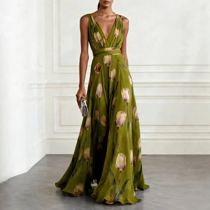 Elegant women's V-neck maxi dress, a floral print wrap style for versatile summer and evening events.