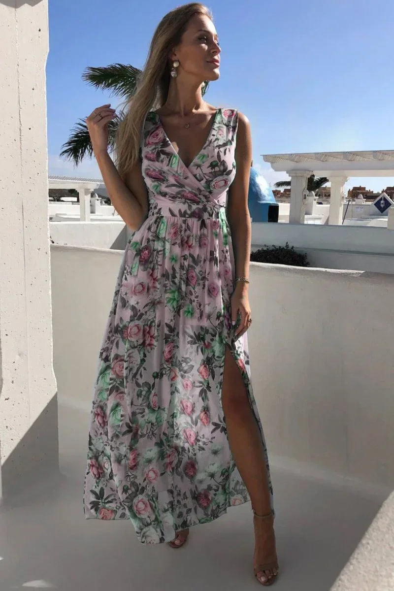 Flowy women's long floral print wrap dress, a stylish maxi dress for warm weather and special occasions.