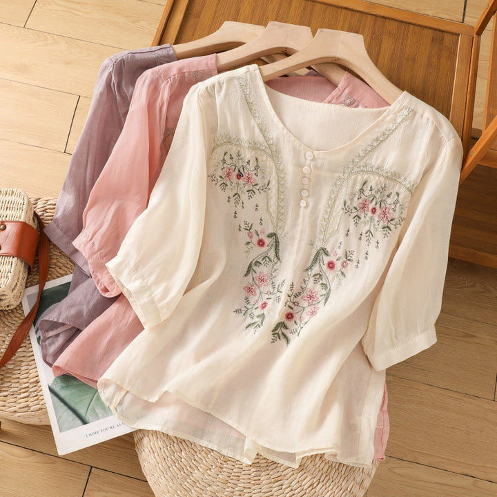 Women's elegant floral relaxed fit blouse with embroidered details, V-neck, and long sleeves for spring/summer.