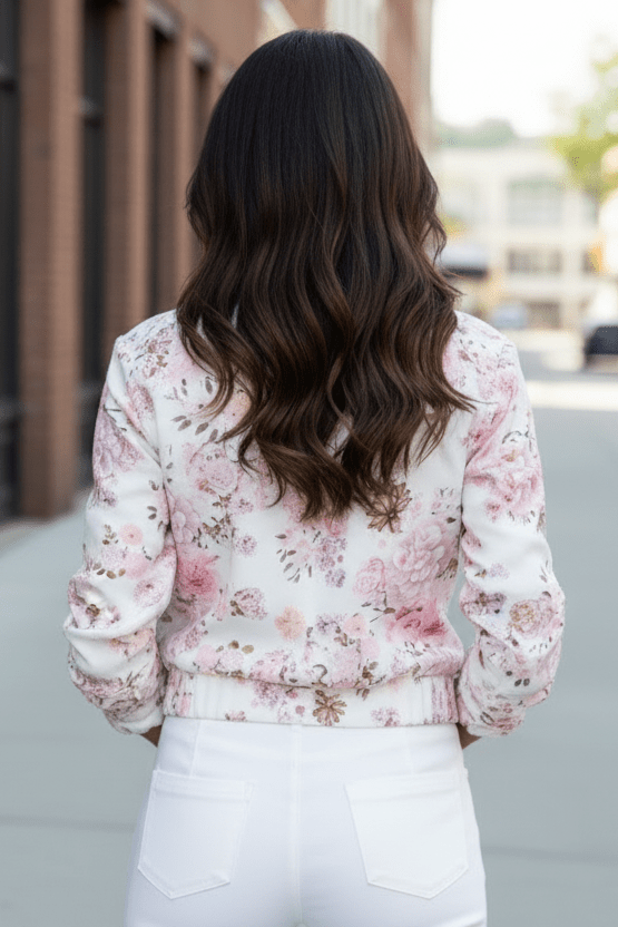 Elegant women's floral stretch jacket, a chic statement piece for urban fashion. Comfortable activewear outerwear.