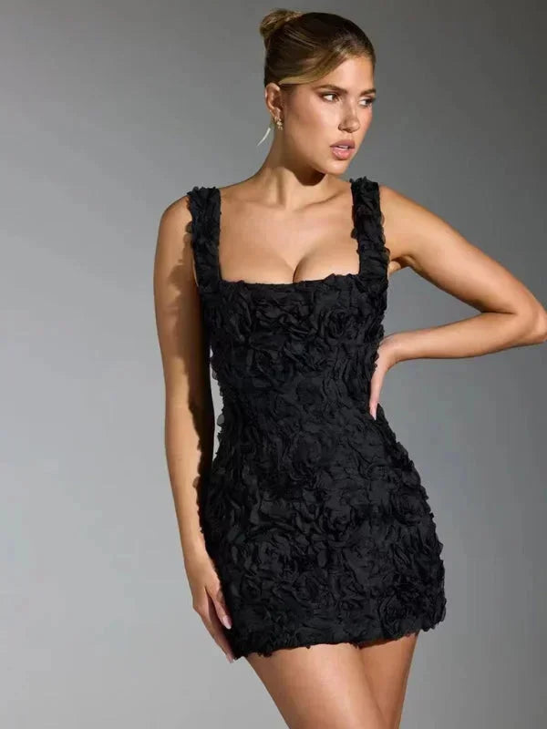 Women's beautiful floral textured mini dress, ideal for any special occasion.