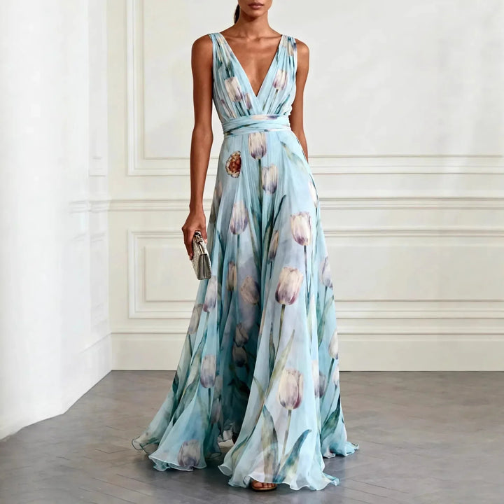 Women's elegant floral tulip print V-neck maxi dress, perfect as a wedding guest gown or formal occasion wear.