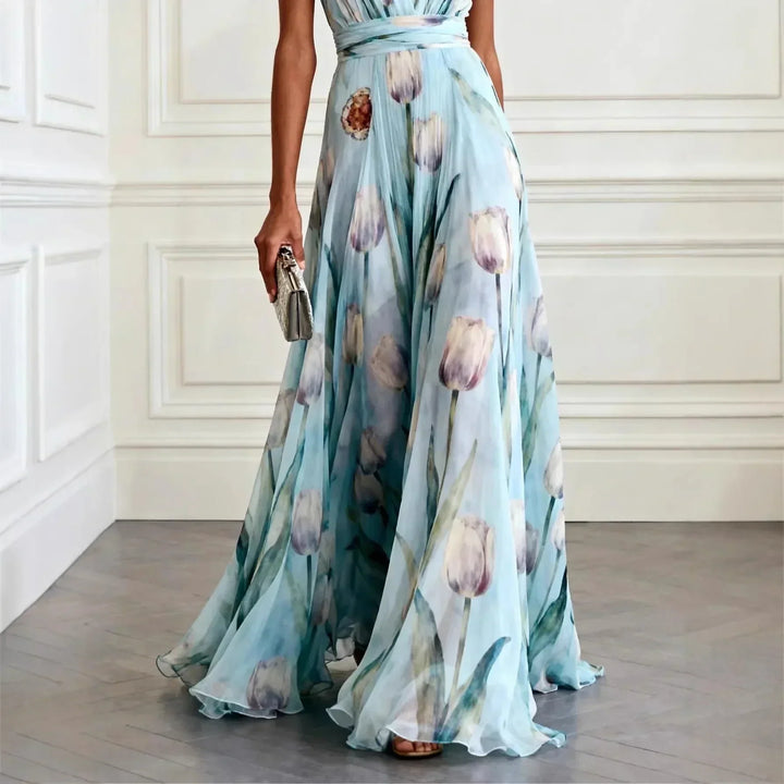 Vibrant tulip print maxi dress with V-neck, ideal for summer parties, evening events, or as a wedding guest dress.