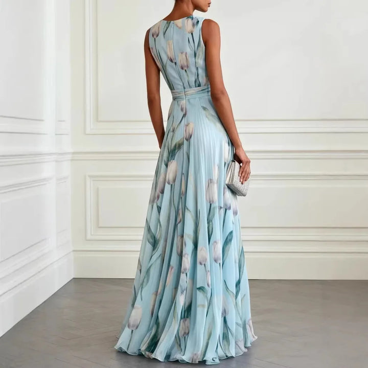Elegant V-neck floral maxi dress for women, featuring a sophisticated tulip print, suitable for formal and party wear.
