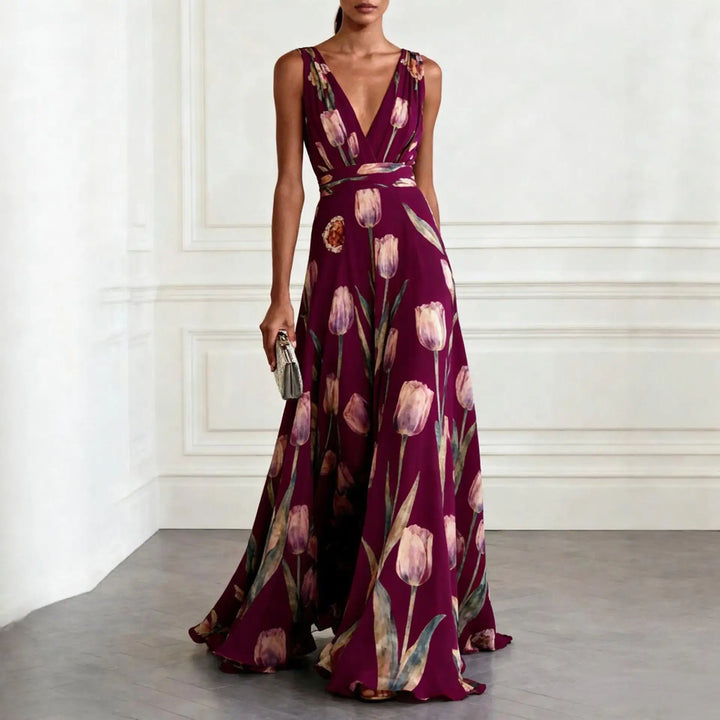 Stylish women's summer maxi dress with a beautiful floral tulip print and flattering V-neck, perfect for any occasion.