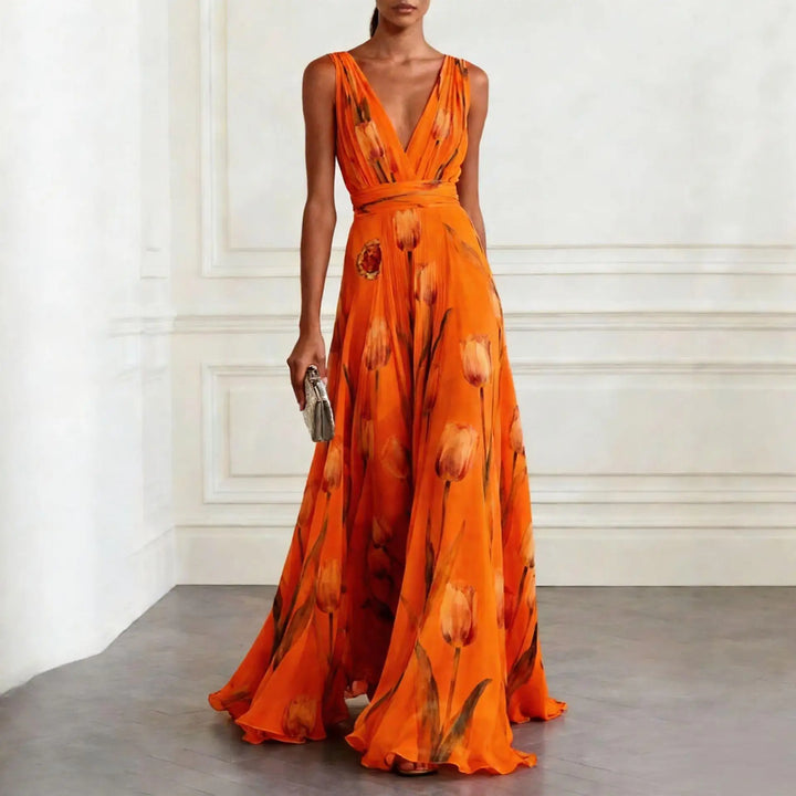 A-line floral maxi dress for women, elegant tulip print, V-neck. Ideal for wedding guest, evening, or party dress.