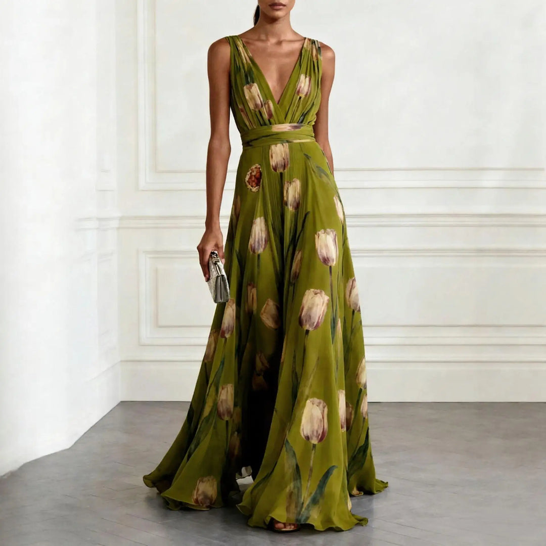 Elegant wedding guest floral maxi dress for women, V-neck, sophisticated tulip print. Perfect formal or evening gown.